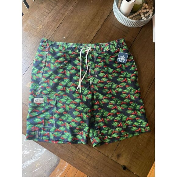 CHAPS Large Swim Trunks Lined NWT Red & Green Fish Pattern - Picture 2 of 9